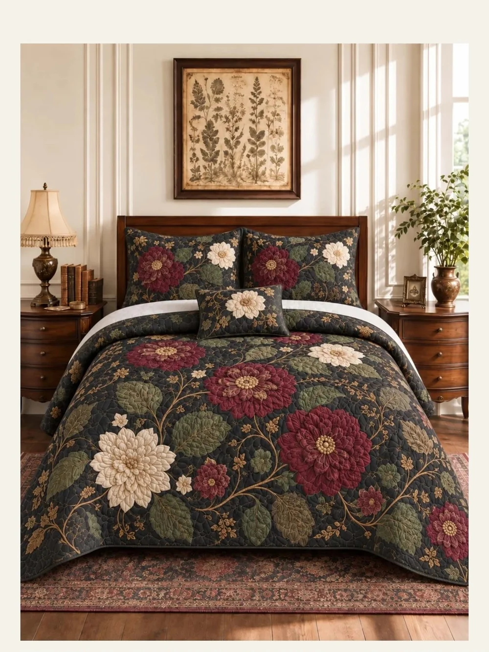 Dark Botanical Floral Quilted 3-Piece Bedding Set NEW TWIN